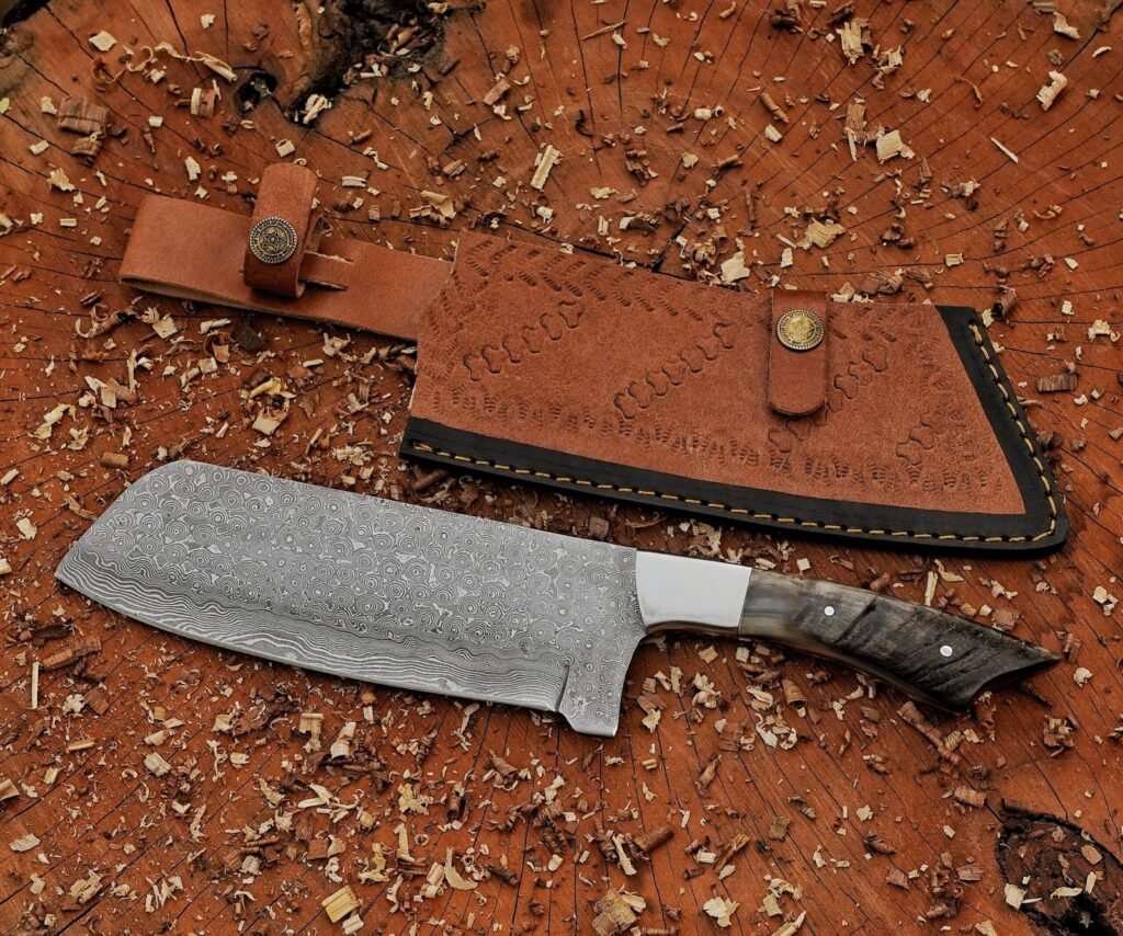 Chef cleaver knife Custom handmade Damascus Steel chopper with Stag Horn & leather sheath