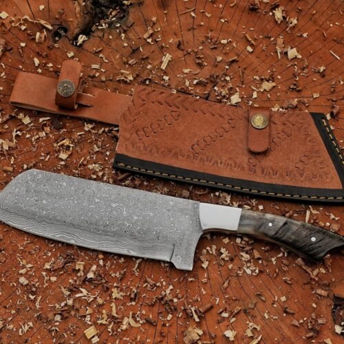 Chef cleaver knife Custom handmade Damascus Steel chopper with Stag Horn & leather sheath