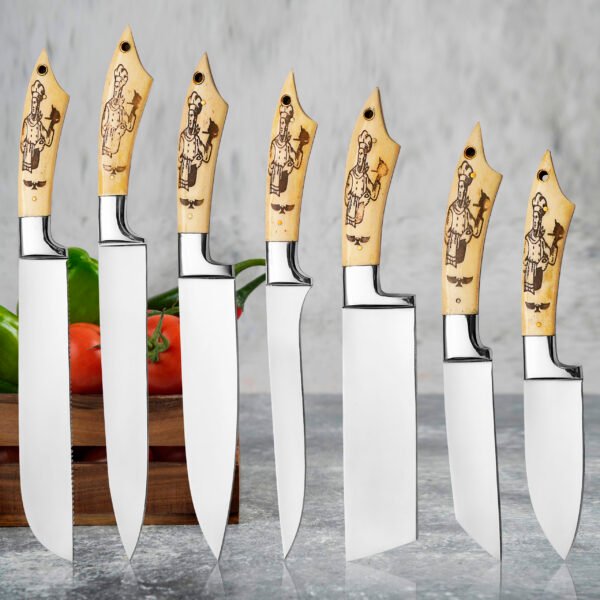 7 Piece Handmade J2 Steel Knives Chef Set, Kitchen knives set, Steel knife set with leather Sheath Custom Beautiful Handle