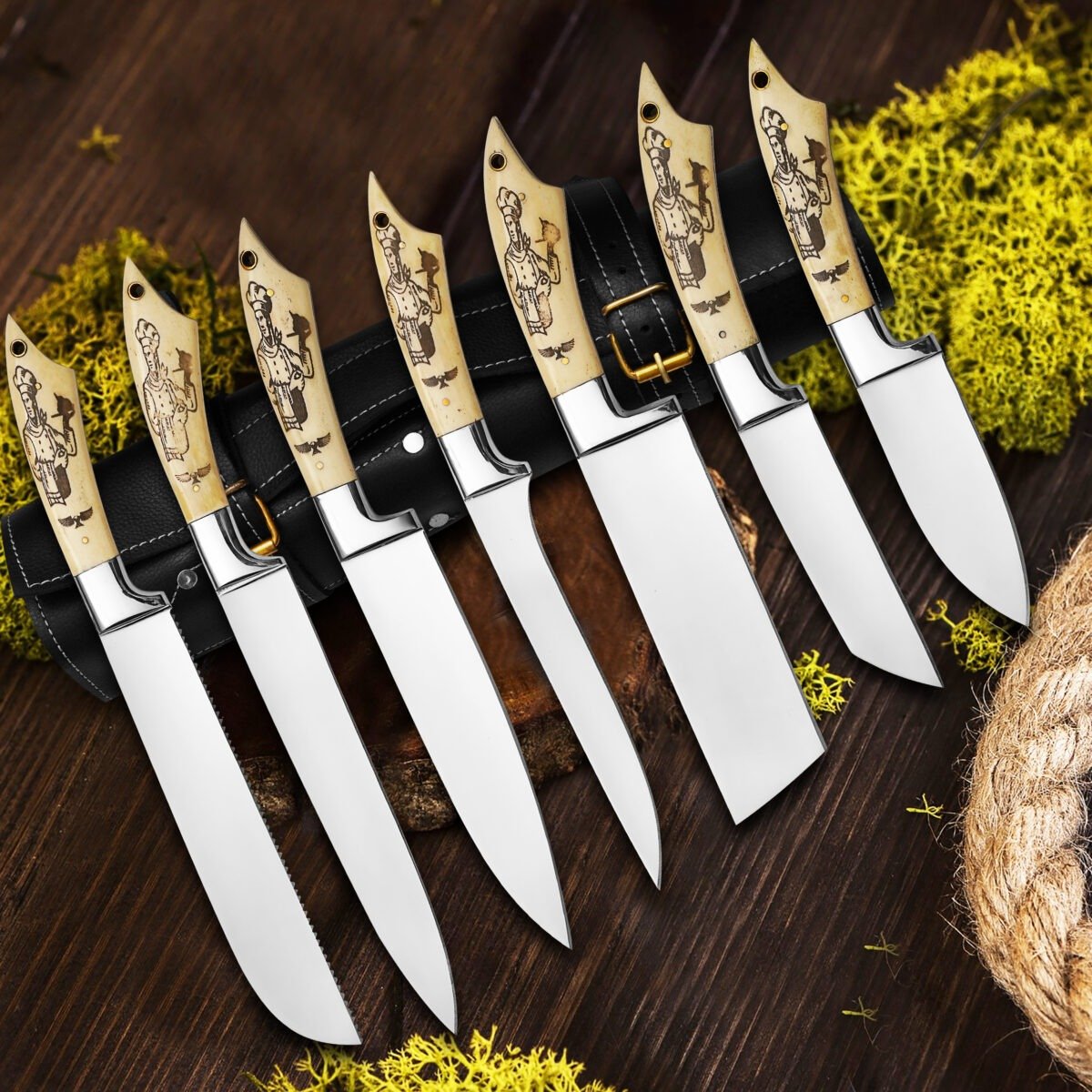 7 Piece Handmade J2 Steel Knives Chef Set, Kitchen knives set, Steel knife set with leather Sheath Custom Beautiful Handle