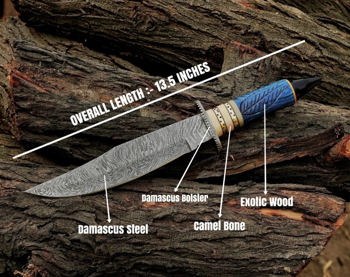 Handcrafted DamascusSteel Knife with Camel Bone & Exotic Wood Handle Exquisite Artistry